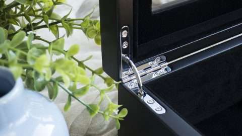 Featuring polished chrome latches and hinges
